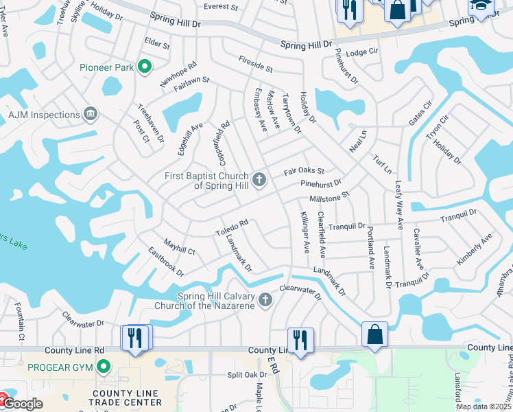 map of restaurants, bars, coffee shops, grocery stores, and more near 7246 Pinehurst Drive in Spring Hill