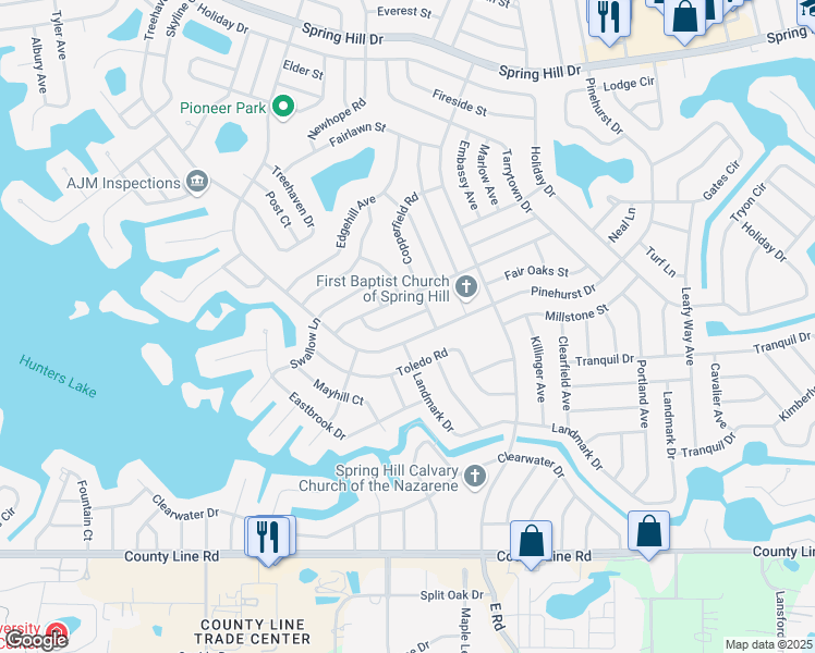 map of restaurants, bars, coffee shops, grocery stores, and more near 7042 Merrick Lane in Spring Hill