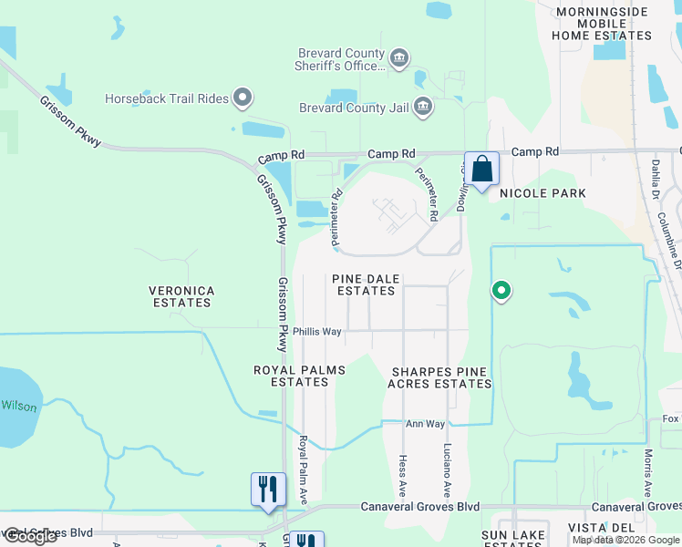map of restaurants, bars, coffee shops, grocery stores, and more near 4261 Kipling Drive in Cocoa