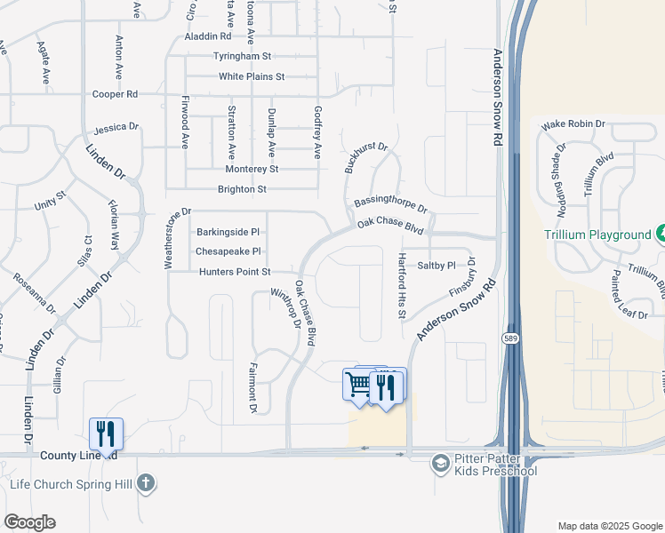 map of restaurants, bars, coffee shops, grocery stores, and more near 13680 Garden Hills Drive in Spring Hill