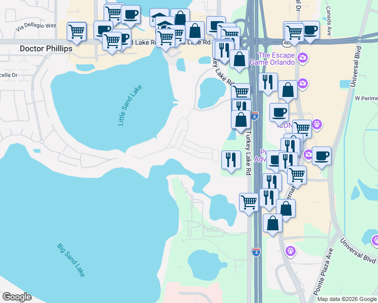 map of restaurants, bars, coffee shops, grocery stores, and more near 7409 Alpine Butterfly Lane in Orlando