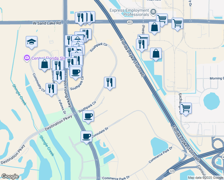 map of restaurants, bars, coffee shops, grocery stores, and more near 8427 Southpark Circle in Orlando