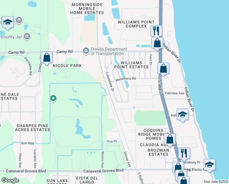 map of restaurants, bars, coffee shops, grocery stores, and more near 6861 Blue Bonnet Drive in Cocoa