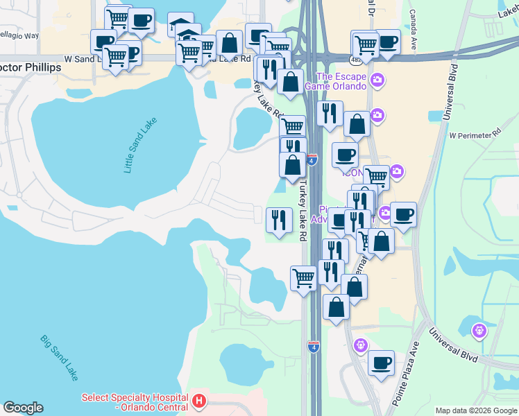 map of restaurants, bars, coffee shops, grocery stores, and more near 7361 Alpine Butterfly Lane in Orlando