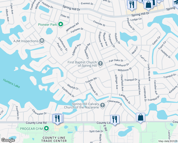 map of restaurants, bars, coffee shops, grocery stores, and more near 7050 Merrick Lane in Spring Hill