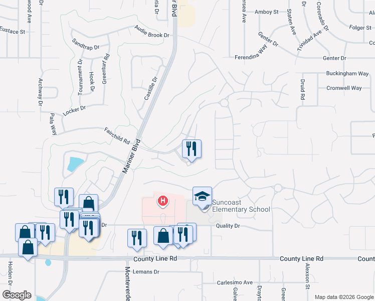 map of restaurants, bars, coffee shops, grocery stores, and more near 11151 Cherrywood Court in Spring Hill