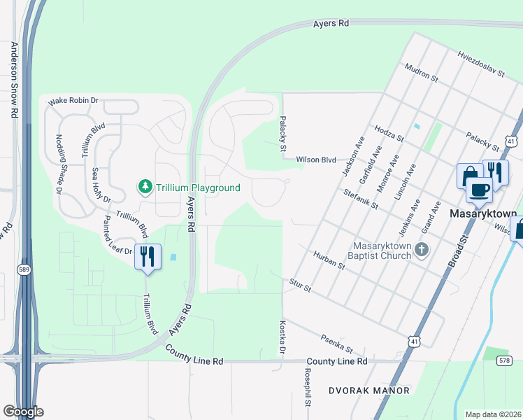 map of restaurants, bars, coffee shops, grocery stores, and more near 2043 Trillium Boulevard in Brooksville