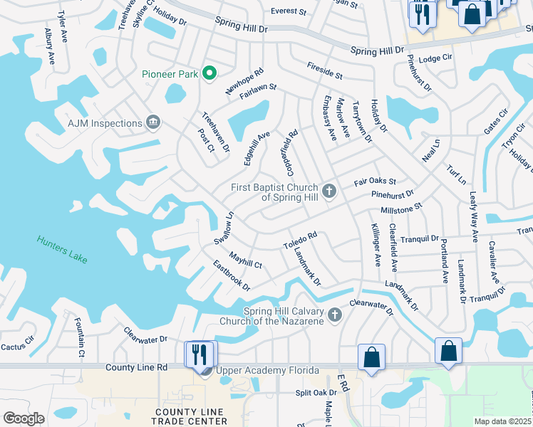 map of restaurants, bars, coffee shops, grocery stores, and more near 6990 Merrick Lane in Spring Hill