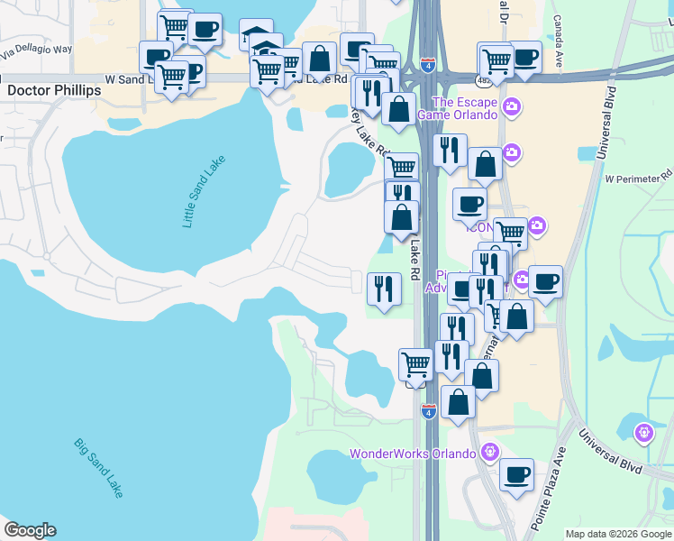 map of restaurants, bars, coffee shops, grocery stores, and more near 7361 Alpine Butterfly Lane in Orlando
