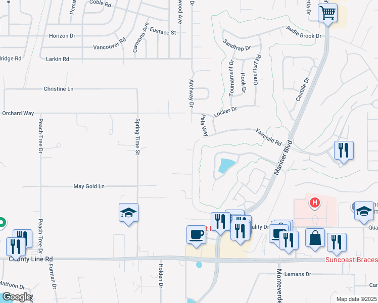 map of restaurants, bars, coffee shops, grocery stores, and more near 377 Royal Palm Way in Spring Hill