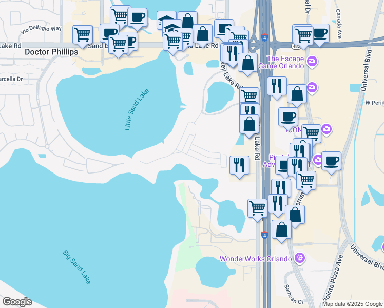map of restaurants, bars, coffee shops, grocery stores, and more near 7409 Alpine Butterfly Lane in Orlando