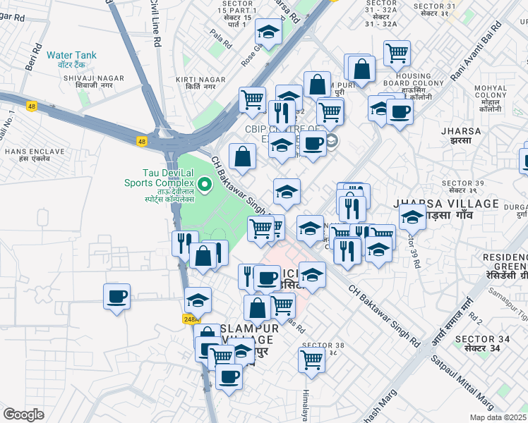 map of restaurants, bars, coffee shops, grocery stores, and more near CH Baktawar Singh Road in Gurugram