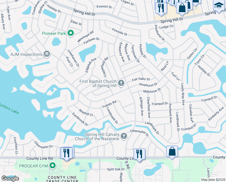 map of restaurants, bars, coffee shops, grocery stores, and more near 386 Copperfield Road in Spring Hill