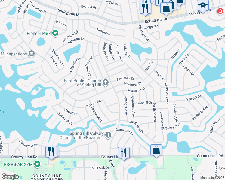 map of restaurants, bars, coffee shops, grocery stores, and more near 7296 Pinehurst Drive in Spring Hill