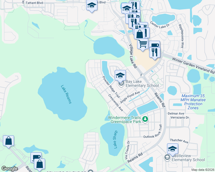 map of restaurants, bars, coffee shops, grocery stores, and more near 8626 Crescendo Avenue in Windermere