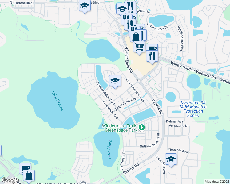 map of restaurants, bars, coffee shops, grocery stores, and more near 12005 Silverlake Park Drive in Windermere