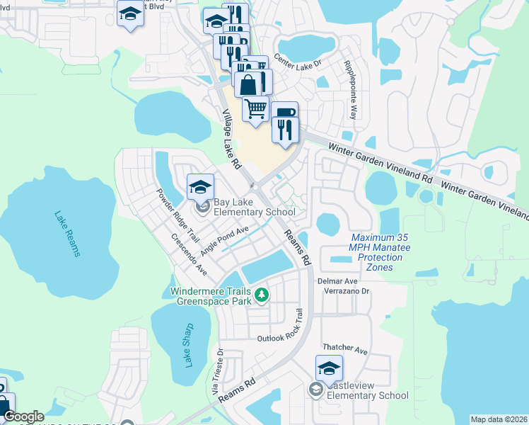 map of restaurants, bars, coffee shops, grocery stores, and more near 11804 Angle Pond Avenue in Windermere