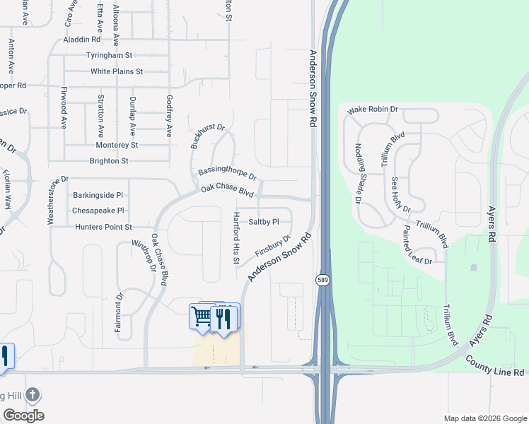 map of restaurants, bars, coffee shops, grocery stores, and more near 14423 Finsbury Drive in Spring Hill