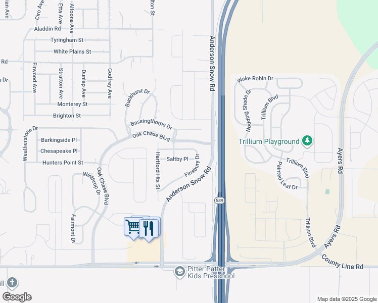 map of restaurants, bars, coffee shops, grocery stores, and more near 14378 Finsbury Drive in Spring Hill