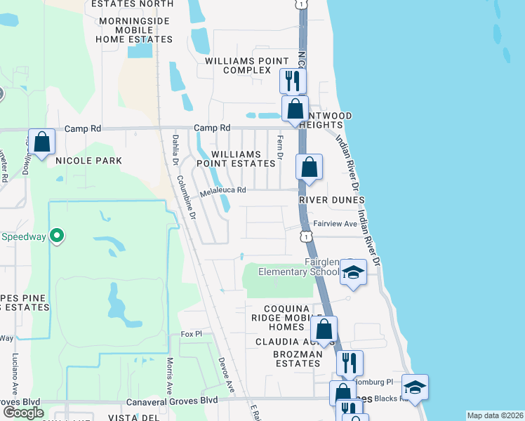 map of restaurants, bars, coffee shops, grocery stores, and more near 440 Cougar Street in Cocoa
