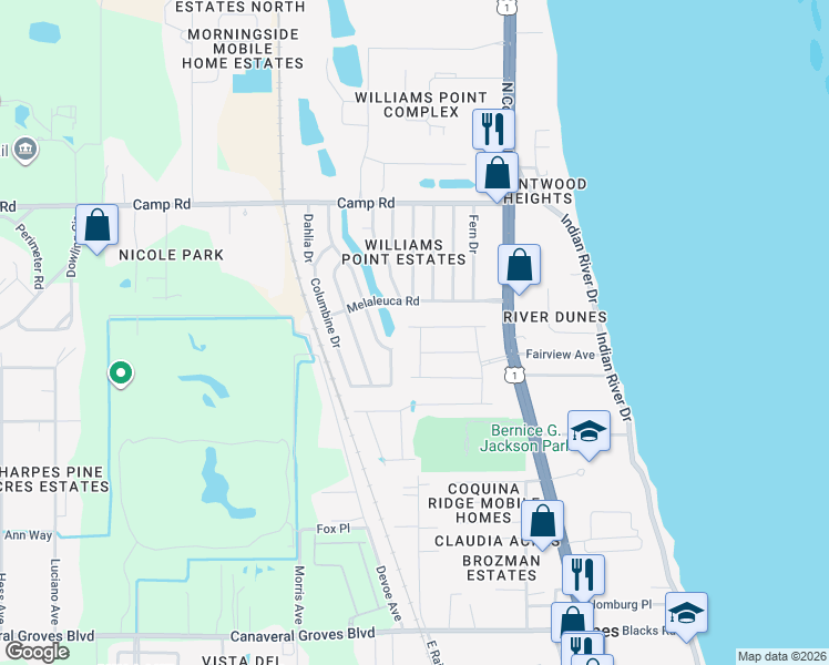 map of restaurants, bars, coffee shops, grocery stores, and more near 440 Cougar Street in Cocoa