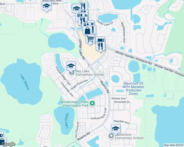 map of restaurants, bars, coffee shops, grocery stores, and more near 10604 Reams Road in Windermere