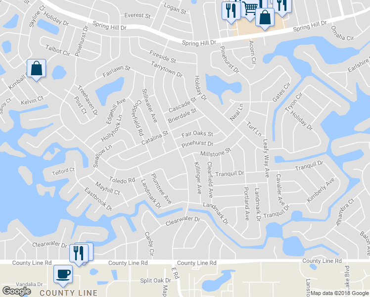 map of restaurants, bars, coffee shops, grocery stores, and more near 7322 Pinehurst Drive in Spring Hill