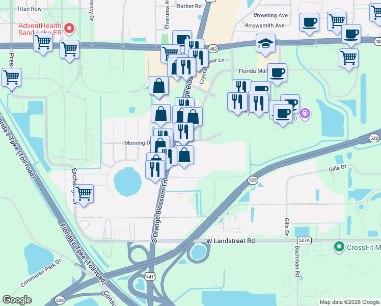 map of restaurants, bars, coffee shops, grocery stores, and more near 8421 Sunlife Path in Orlando