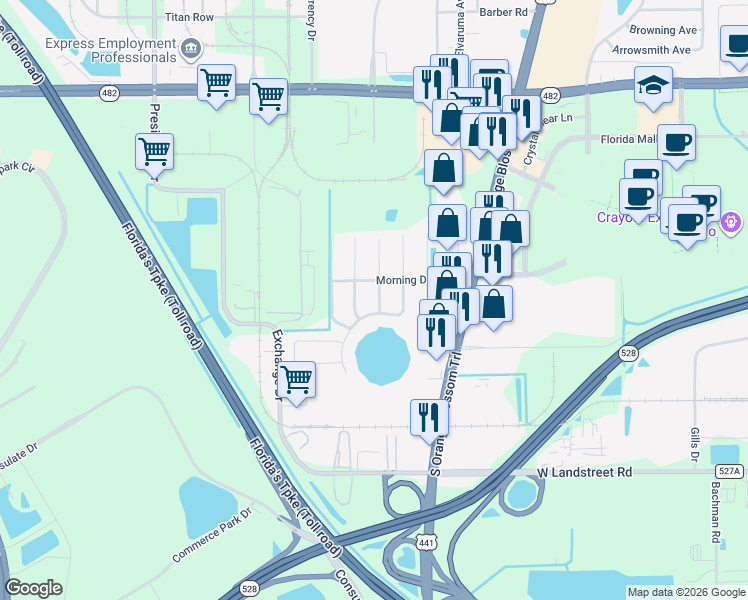 map of restaurants, bars, coffee shops, grocery stores, and more near 8405 Dawn Drive in Orlando