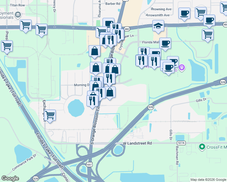 map of restaurants, bars, coffee shops, grocery stores, and more near 8421 Sunlife Path in Orlando
