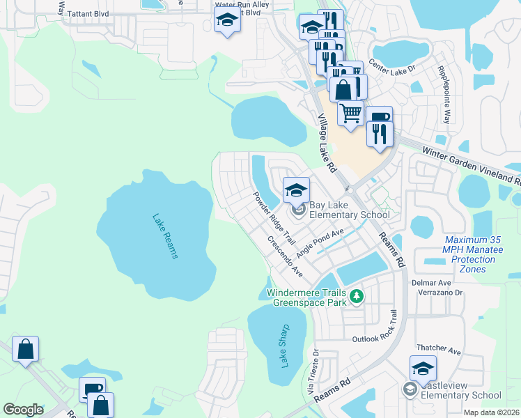 map of restaurants, bars, coffee shops, grocery stores, and more near 12106 Canyon Sun Trail in Windermere