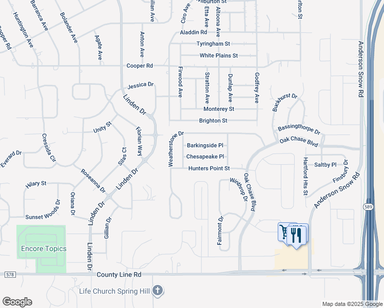 map of restaurants, bars, coffee shops, grocery stores, and more near 13395 Chesapeake Place in Spring Hill
