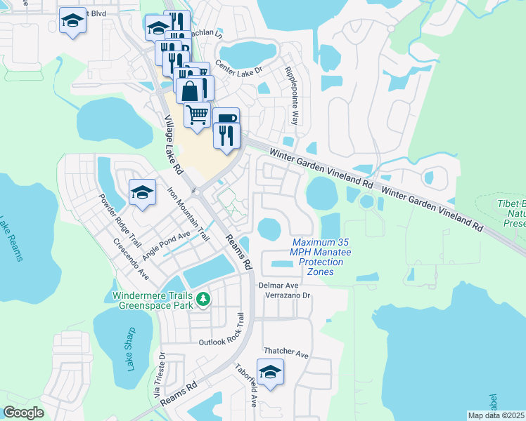 map of restaurants, bars, coffee shops, grocery stores, and more near 9138 Leeland Archer Boulevard in Orlando