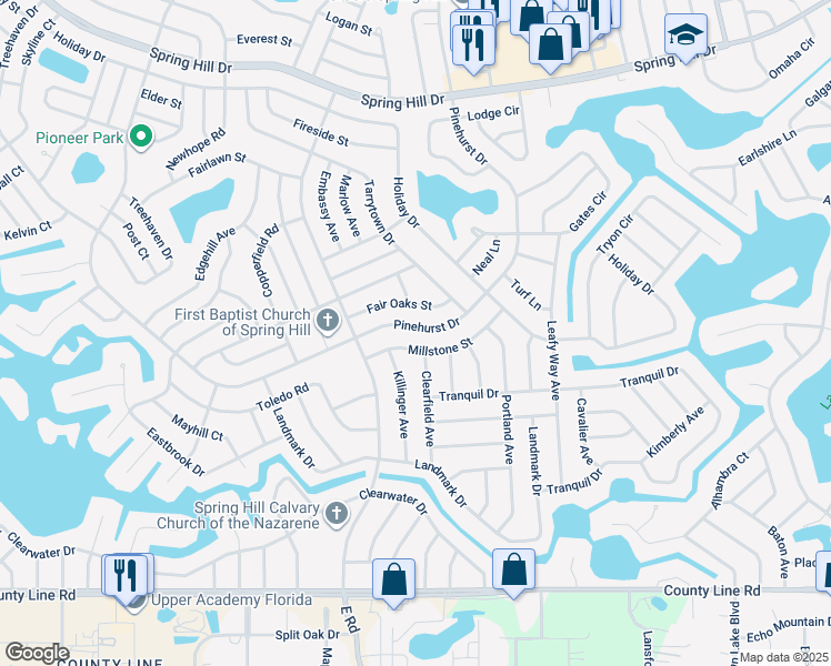 map of restaurants, bars, coffee shops, grocery stores, and more near 7380 Pinehurst Drive in Spring Hill