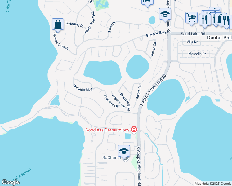 map of restaurants, bars, coffee shops, grocery stores, and more near 8489 Granada Boulevard in Orlando