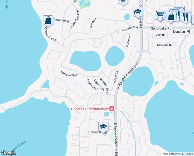 map of restaurants, bars, coffee shops, grocery stores, and more near 8489 Granada Boulevard in Orlando