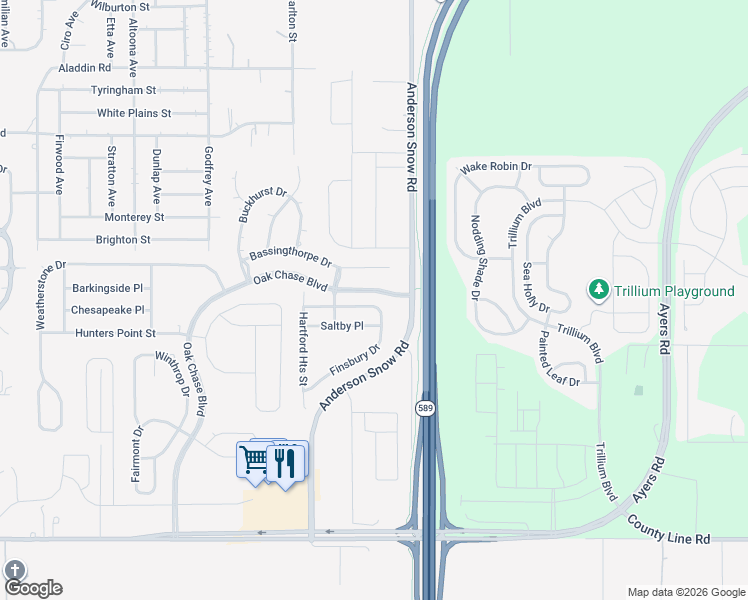 map of restaurants, bars, coffee shops, grocery stores, and more near 14348 Finsbury Drive in Spring Hill