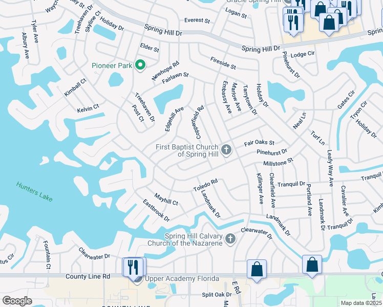map of restaurants, bars, coffee shops, grocery stores, and more near 411 Briarwood Lane in Spring Hill