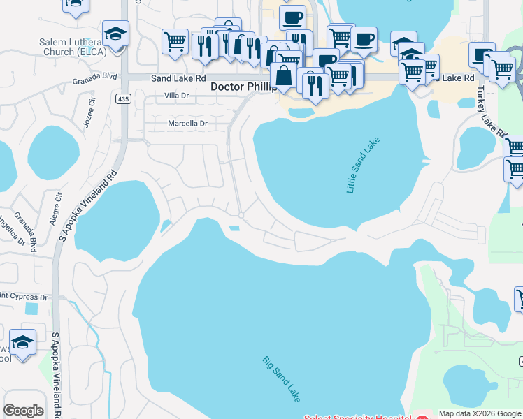 map of restaurants, bars, coffee shops, grocery stores, and more near 8416 Saint Marino Boulevard in Orlando