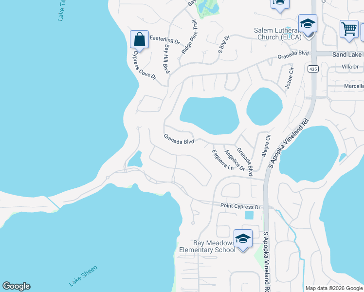 map of restaurants, bars, coffee shops, grocery stores, and more near 8340 Granada Boulevard in Orlando