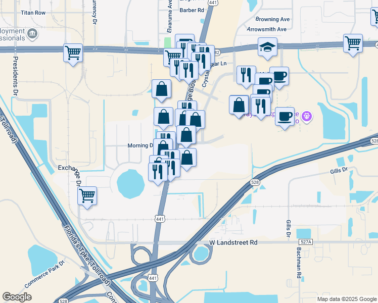map of restaurants, bars, coffee shops, grocery stores, and more near 8421 Sunlife Path in Orlando