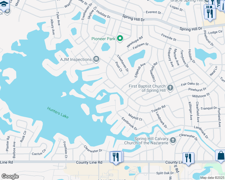 map of restaurants, bars, coffee shops, grocery stores, and more near 6360 Sunbird Lane in Spring Hill
