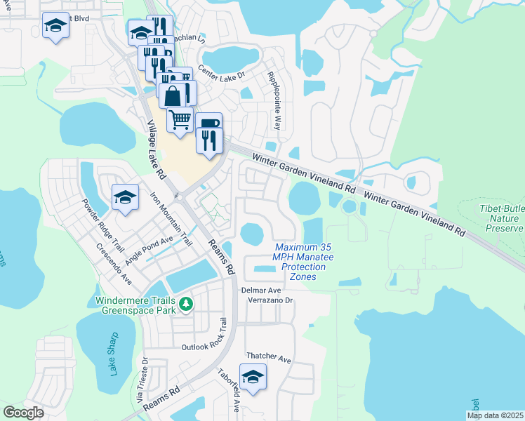 map of restaurants, bars, coffee shops, grocery stores, and more near 9138 Leeland Archer Boulevard in Orlando