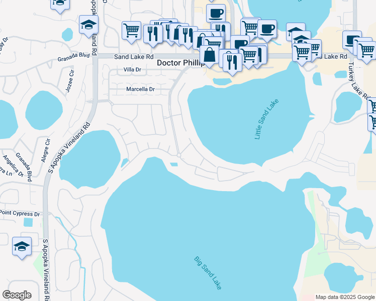 map of restaurants, bars, coffee shops, grocery stores, and more near 8416 Saint Marino Boulevard in Orlando