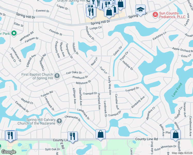 map of restaurants, bars, coffee shops, grocery stores, and more near 7500 Holiday Drive in Spring Hill