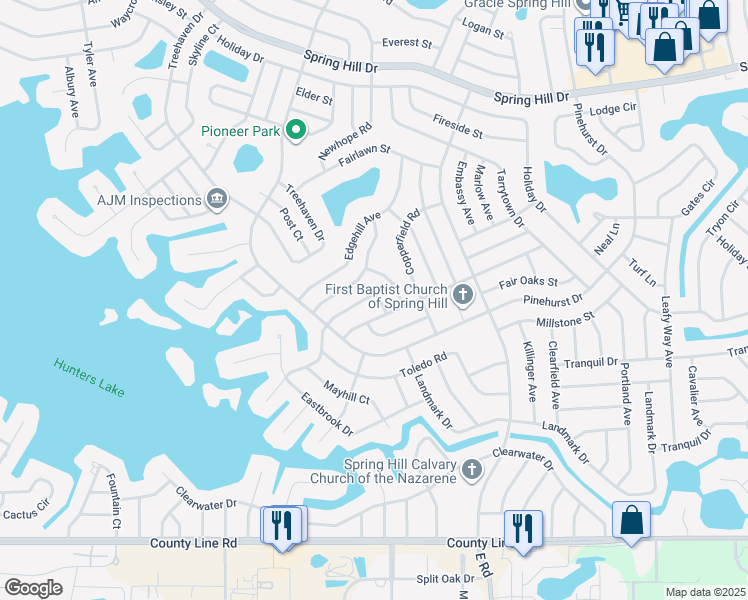 map of restaurants, bars, coffee shops, grocery stores, and more near 590 Swallow Lane in Spring Hill