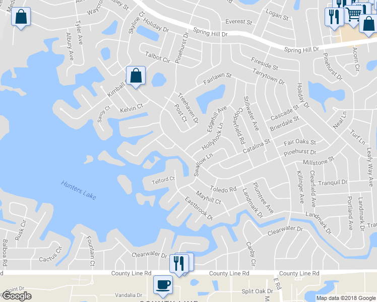 map of restaurants, bars, coffee shops, grocery stores, and more near 7009 Pinehurst Drive in Spring Hill