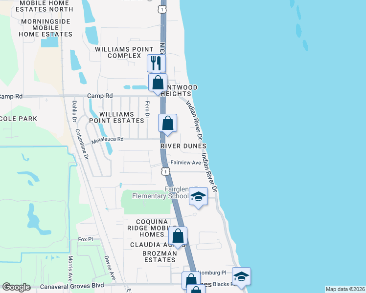 map of restaurants, bars, coffee shops, grocery stores, and more near 140 Dune Lane in Cocoa