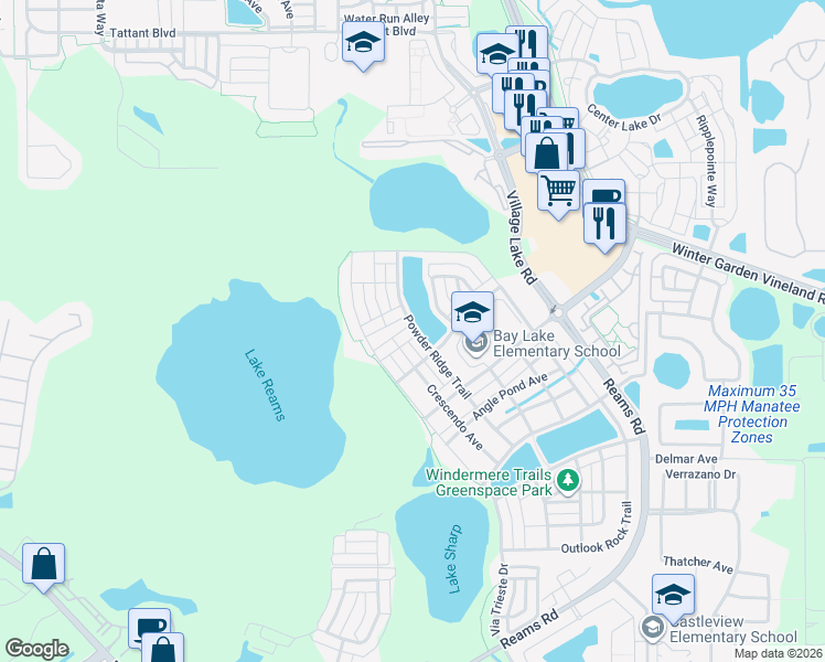 map of restaurants, bars, coffee shops, grocery stores, and more near 12106 Canyon Sun Trail in Windermere