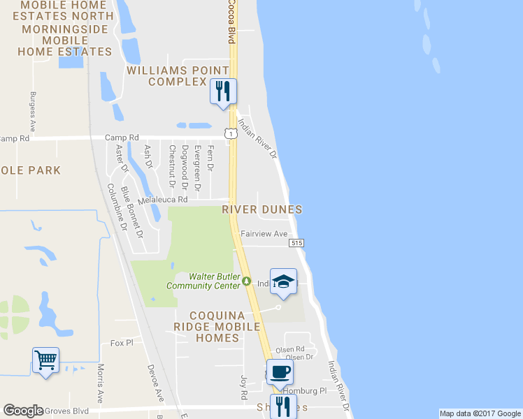map of restaurants, bars, coffee shops, grocery stores, and more near 140 Dune Lane in Cocoa